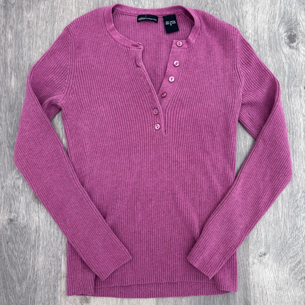 Moda International Ribbed Henley Sweater - Berry Pink